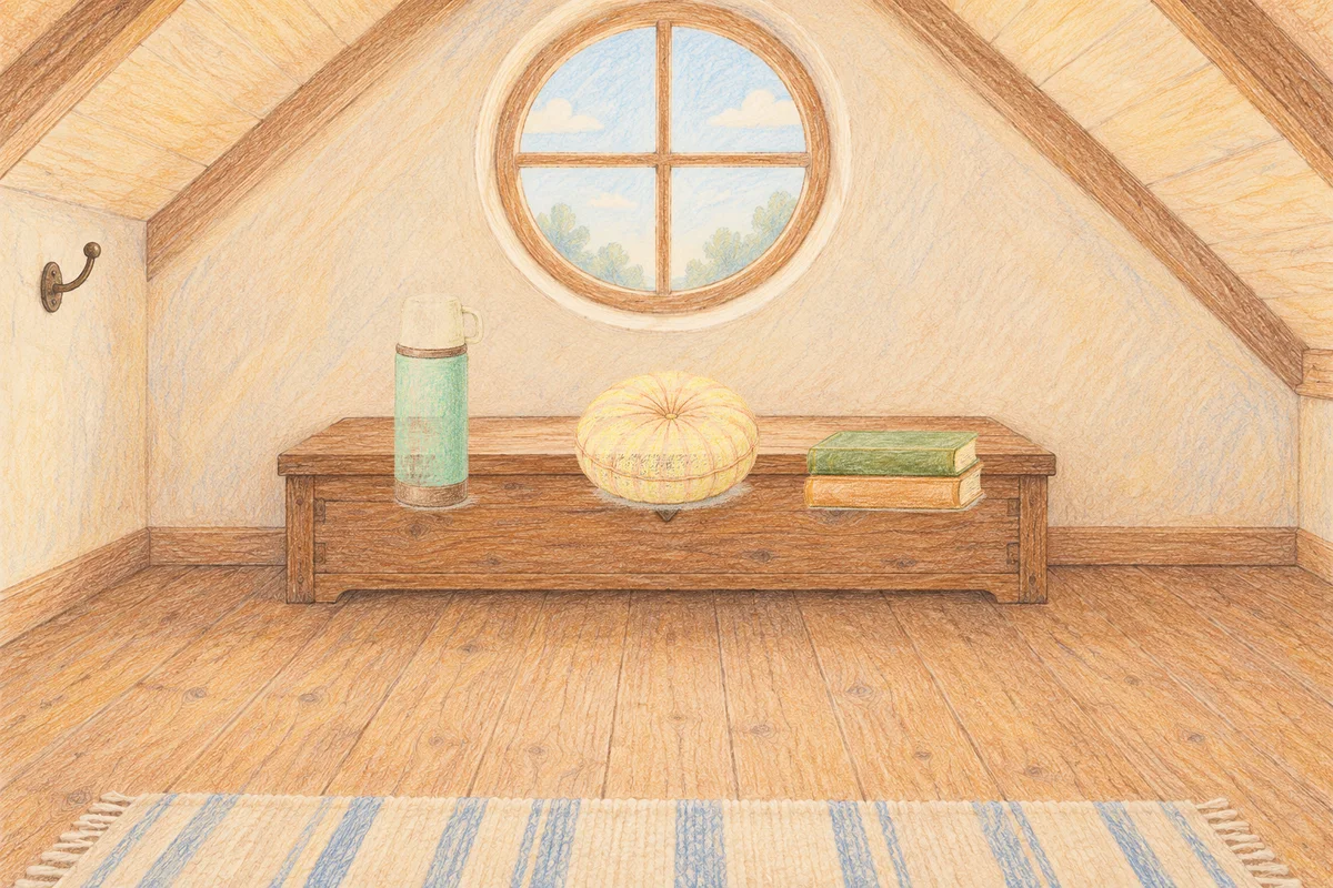포천 여성전용 아로마 가격 안내 그림, 낮의 다락방 나무 궤짝 위에 놓인 보온병, 둥근 쿠션, 책 두 권