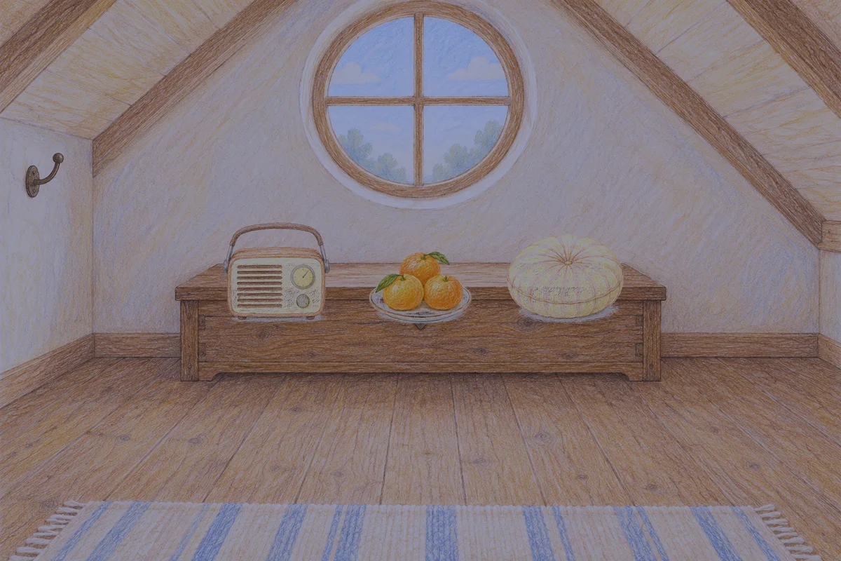 포천 여성전용 스웨디시 추천 안내 그림, 밤의 다락방 나무 궤짝 위에 놓인 작은 라디오, 귤이 담긴 접시, 둥근 쿠션