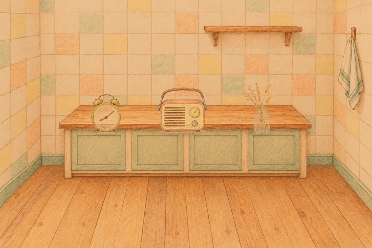 포천 여성전용 경락마사지 안내 그림, 저녁의 부엌 나무 조리대 위에 놓인 둥근 알람시계, 작은 라디오, 마른 풀을 꽂은 항아리