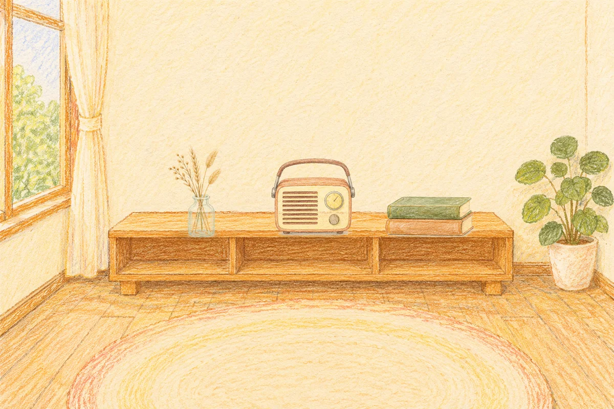 포천 여성전용 경락 마사지 안내 그림, 낮의 창가 낮은 선반 위에 놓인 마른 풀을 꽂은 항아리, 작은 라디오, 책 두 권