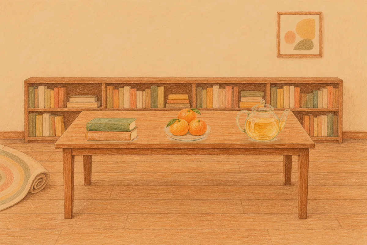 포천 여성전용 경락 케어 안내 그림, 저녁의 서재 긴 책상 위에 놓인 책 두 권, 귤이 담긴 접시, 유리 티포트