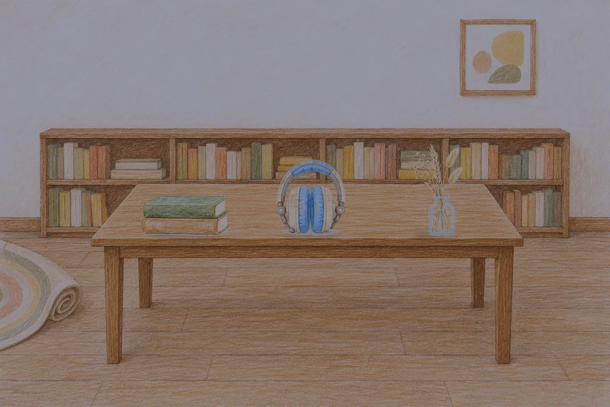 포천 여성전용 바디 경락 안내 그림, 밤의 서재 긴 책상 위에 놓인 책 두 권, 헤드폰, 마른 풀을 꽂은 항아리