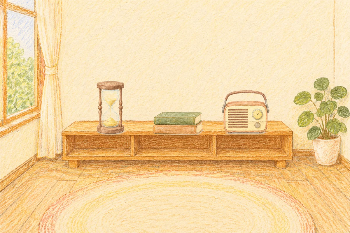 포천 여성전용 경락마사지 후기 안내 그림, 낮의 창가 낮은 선반 위에 놓인 모래시계, 책 두 권, 작은 라디오