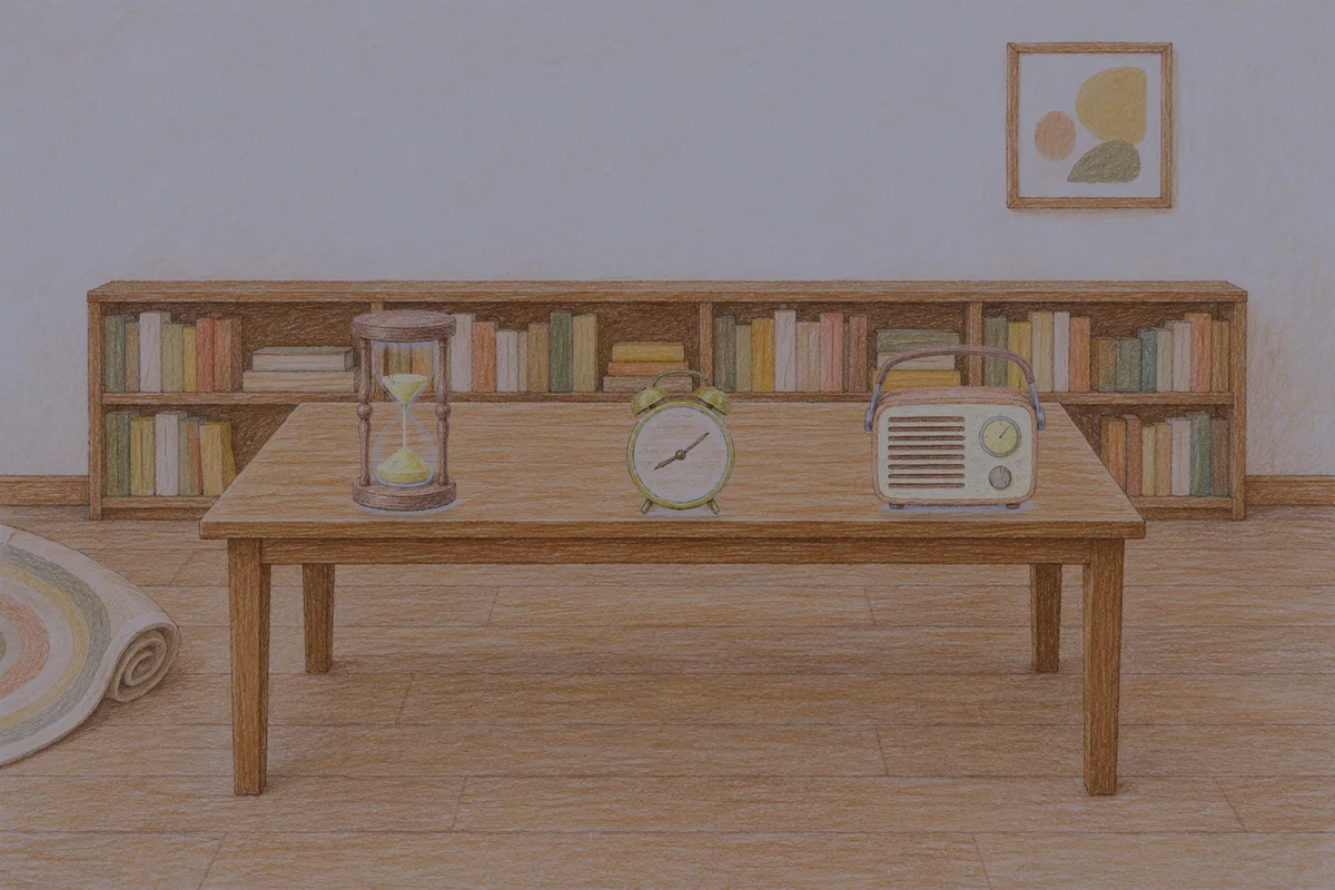 포천 여성전용 경락 추천 안내 그림, 밤의 서재 긴 책상 위에 놓인 모래시계, 둥근 알람시계, 작은 라디오