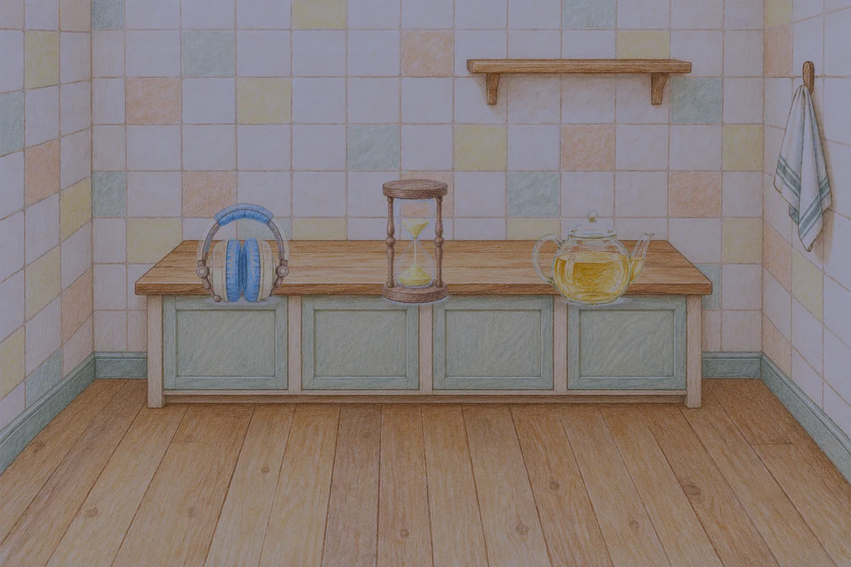 포천 여성전용 방문 마사지 안내 그림, 밤의 부엌 나무 조리대 위에 놓인 헤드폰, 모래시계, 유리 티포트