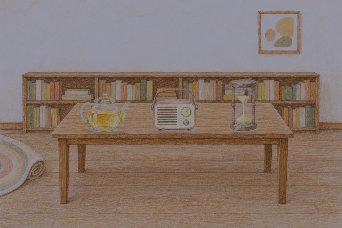 포천 여성전용 홈케어 후기 안내 그림, 밤의 서재 긴 책상 위에 놓인 유리 티포트, 작은 라디오, 모래시계