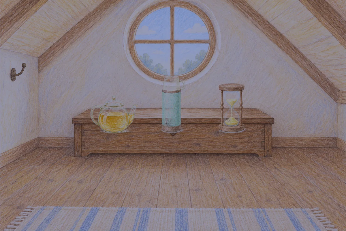 포천 여성전용 발 부종 케어 안내 그림, 밤의 다락방 나무 궤짝 위에 놓인 유리 티포트, 보온병, 모래시계