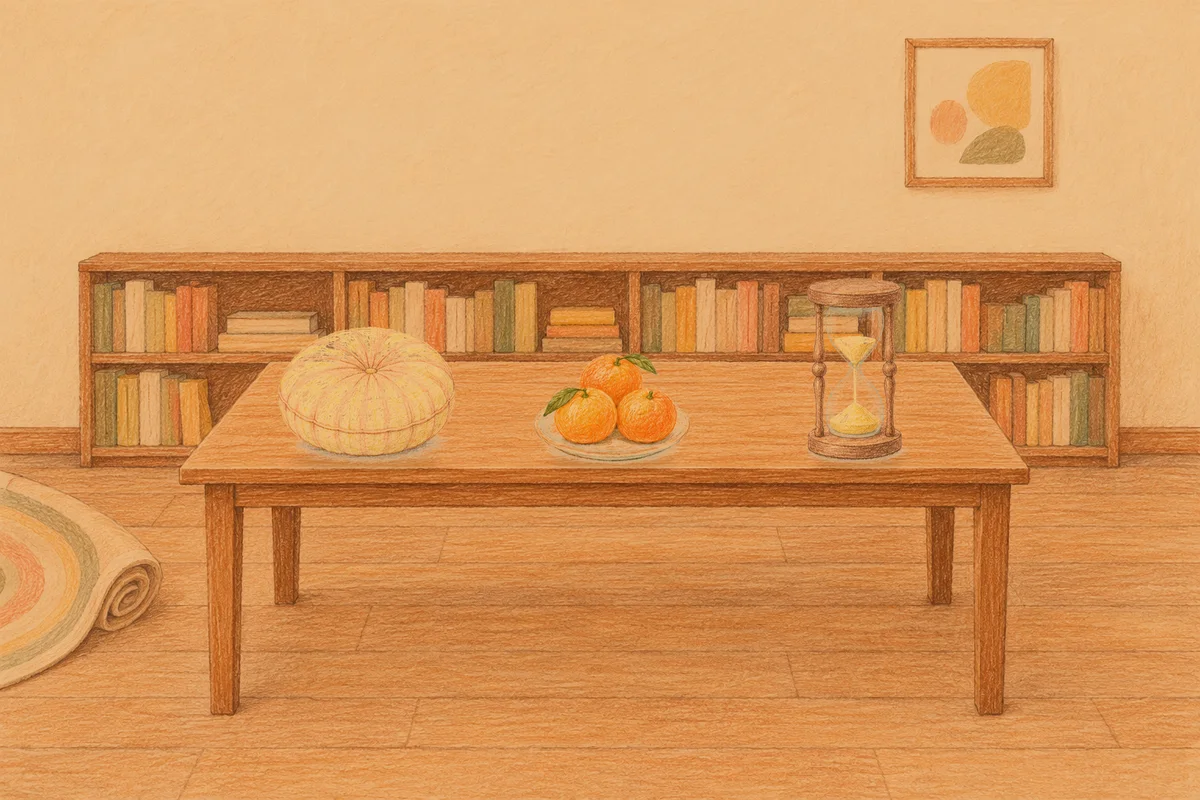포천 여성전용 발관리 후기 안내 그림, 저녁의 서재 긴 책상 위에 놓인 둥근 쿠션, 귤이 담긴 접시, 모래시계