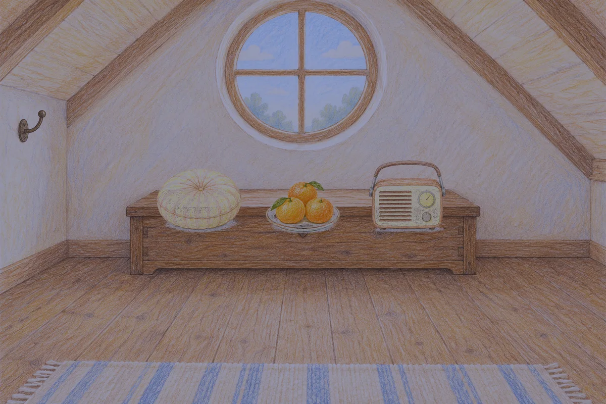 포천 여성전용 셀룰라이트 관리 안내 그림, 밤의 다락방 나무 궤짝 위에 놓인 둥근 쿠션, 귤이 담긴 접시, 작은 라디오