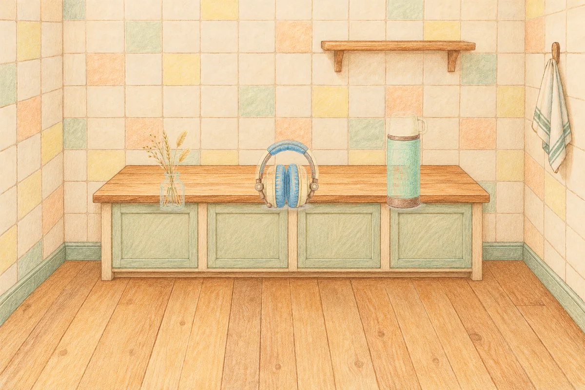 포천 여성전용 바디 케어 안내 그림, 낮의 부엌 나무 조리대 위에 놓인 마른 풀을 꽂은 항아리, 헤드폰, 보온병