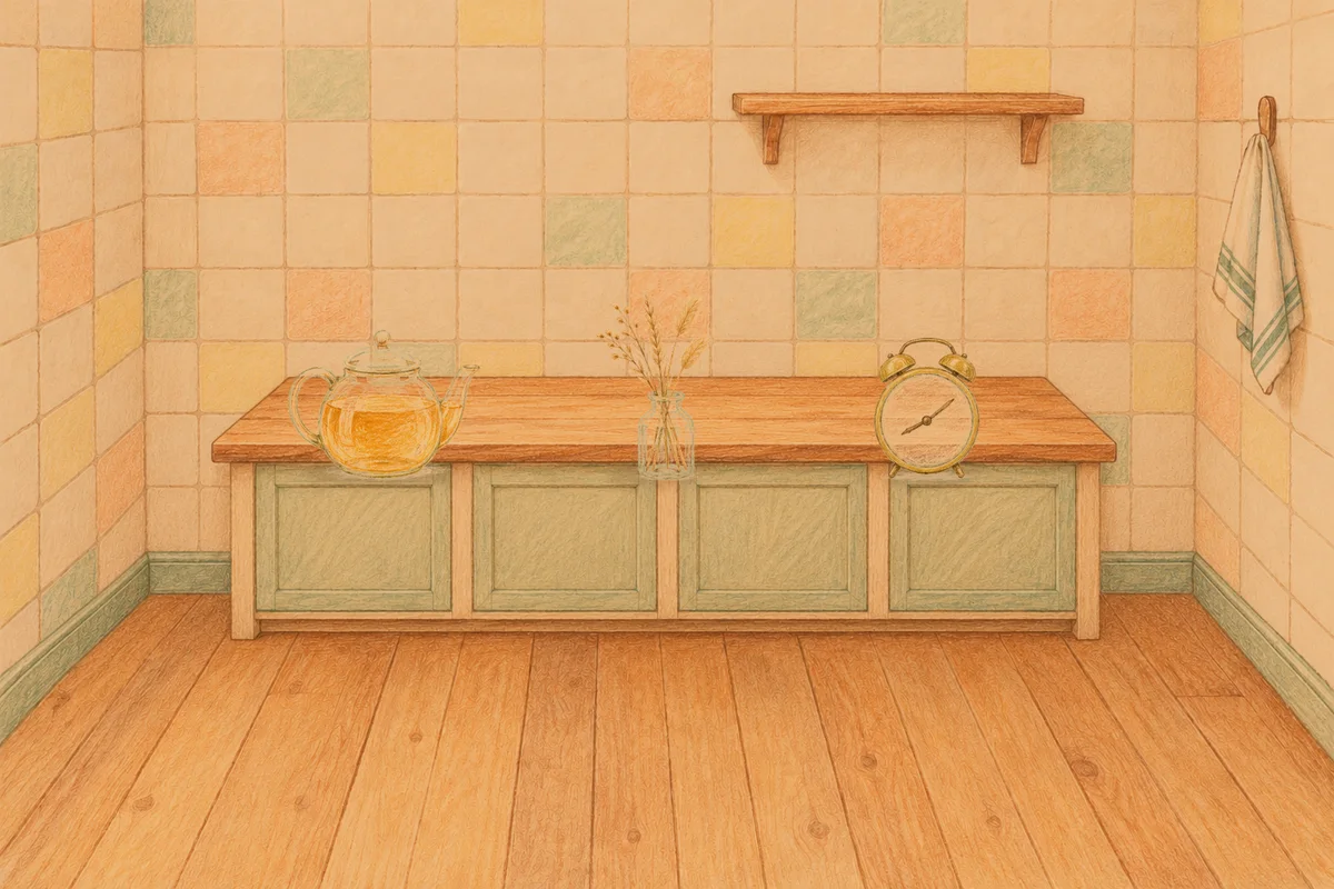 포천 여성전용 다이어트 마사지 안내 그림, 저녁의 부엌 나무 조리대 위에 놓인 유리 티포트, 마른 풀을 꽂은 항아리, 둥근 알람시계