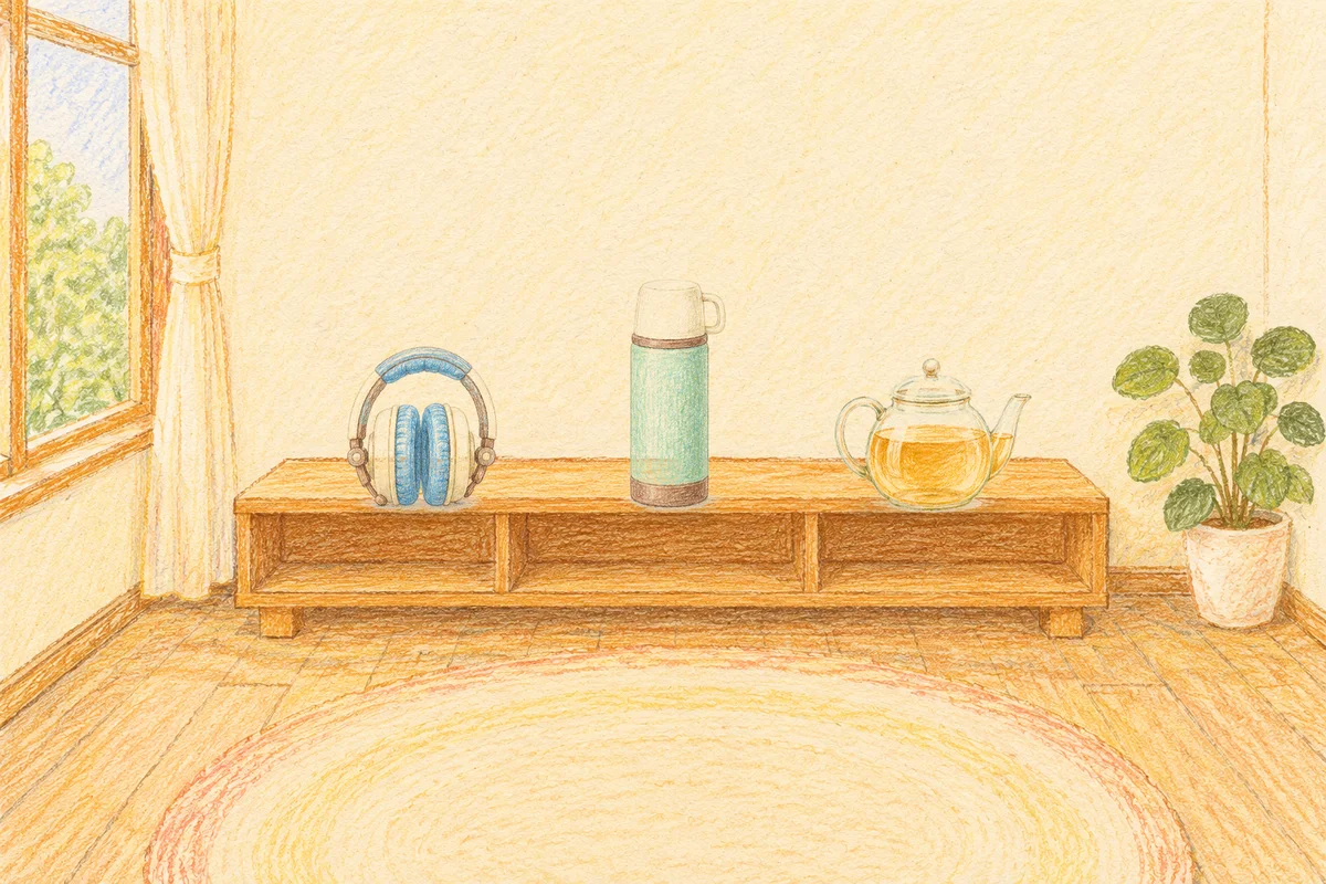 포천 여성전용 종아리 케어 안내 그림, 낮의 창가 낮은 선반 위에 놓인 헤드폰, 보온병, 유리 티포트