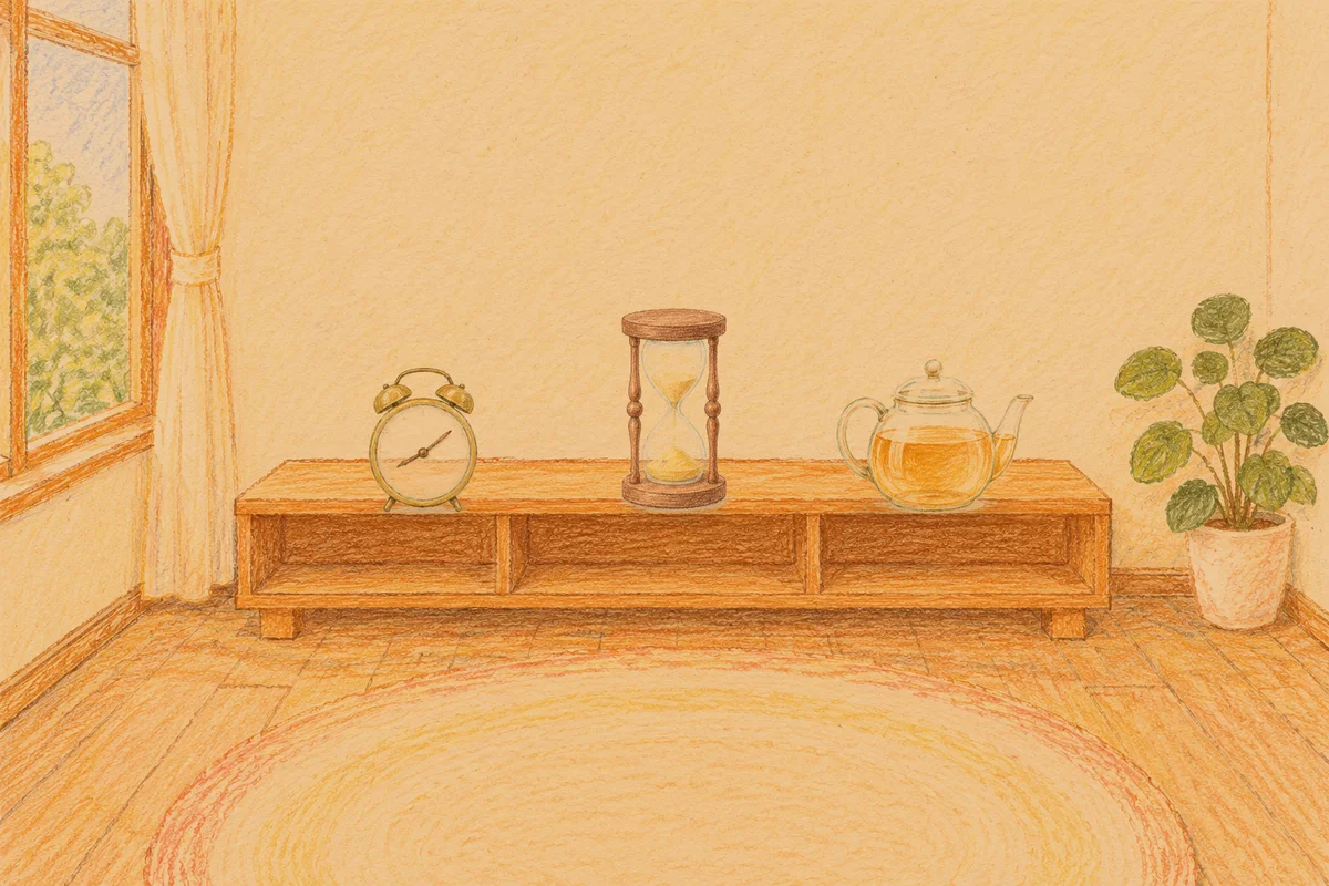 포천 여성전용 어깨 마사지 안내 그림, 저녁의 창가 낮은 선반 위에 놓인 둥근 알람시계, 모래시계, 유리 티포트
