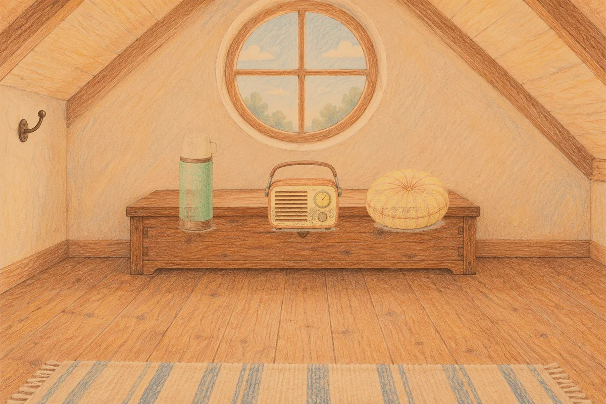 포천 여성전용 수면 케어 안내 그림, 저녁의 다락방 나무 궤짝 위에 놓인 보온병, 작은 라디오, 둥근 쿠션