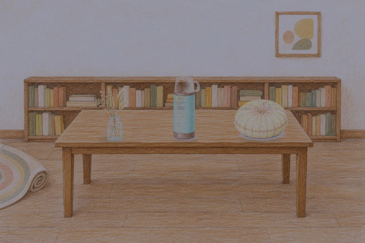 포천 여성전용 페이셜 마사지 안내 그림, 밤의 서재 긴 책상 위에 놓인 마른 풀을 꽂은 항아리, 보온병, 둥근 쿠션