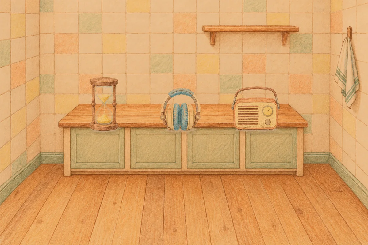 포천 여성전용 샵 마사지 안내 그림, 저녁의 부엌 나무 조리대 위에 놓인 모래시계, 헤드폰, 작은 라디오