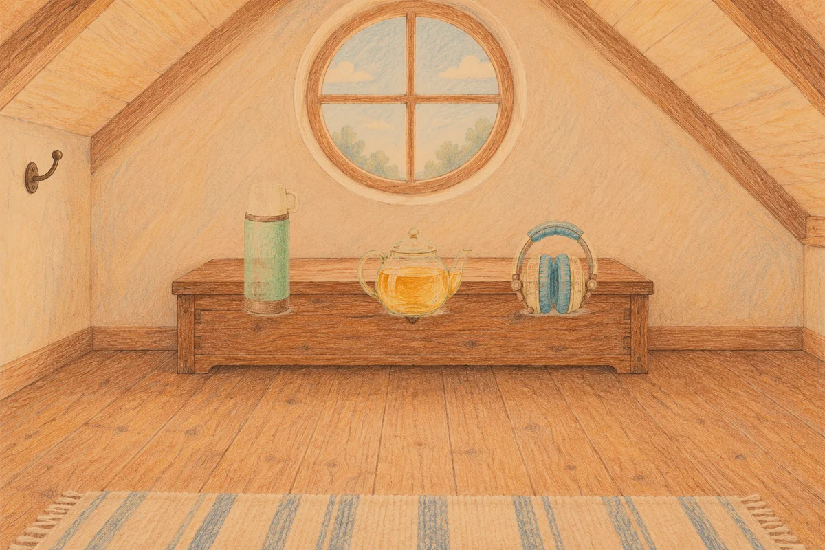 포천 여성전용 추천 마사지 안내 그림, 저녁의 다락방 나무 궤짝 위에 놓인 보온병, 유리 티포트, 헤드폰