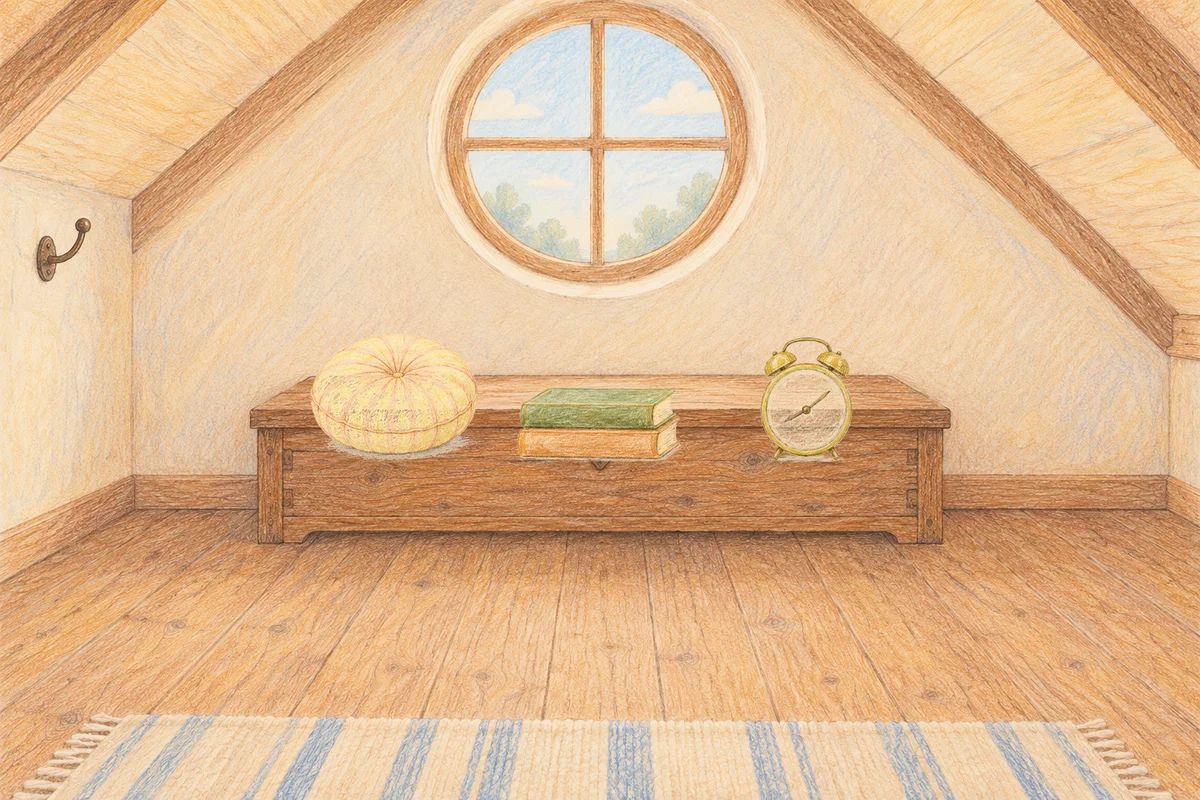 포천 여성전용 출장 마사지 후기 안내 그림, 낮의 다락방 나무 궤짝 위에 놓인 둥근 쿠션, 책 두 권, 둥근 알람시계