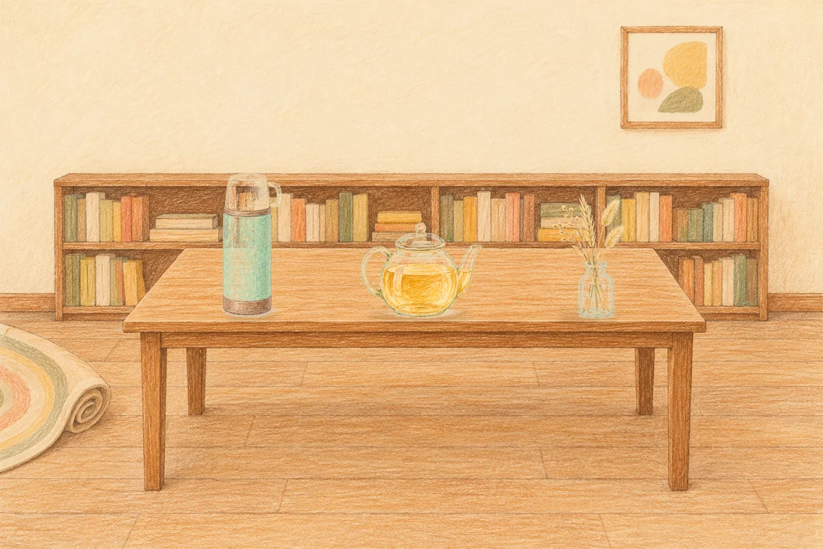 동두천 여성전용 프리미엄 스웨디시 안내 그림, 낮의 서재 긴 책상 위에 놓인 보온병, 유리 티포트, 마른 풀을 꽂은 항아리