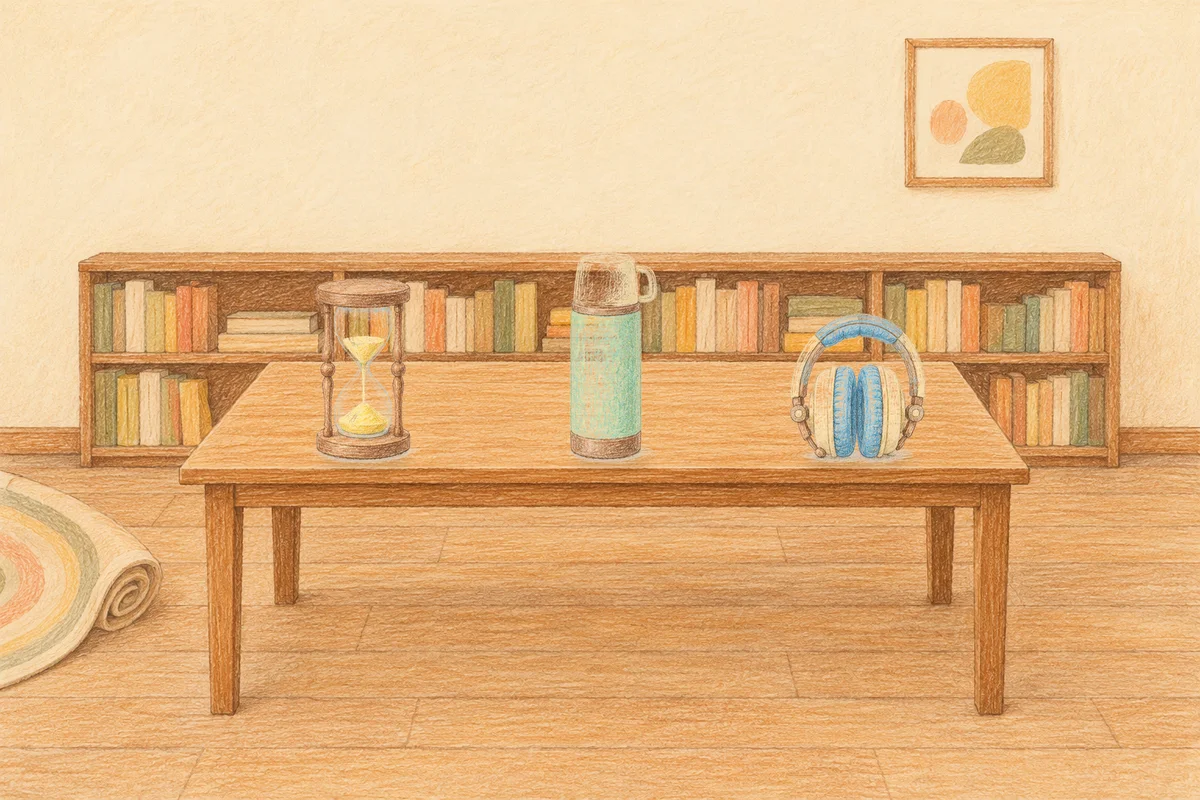 동두천 여성전용 라벤더 아로마 안내 그림, 낮의 서재 긴 책상 위에 놓인 모래시계, 보온병, 헤드폰