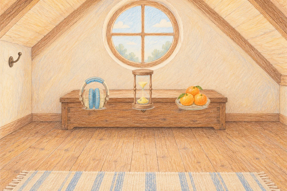 동두천 여성전용 아로마 마사지 후기 안내 그림, 낮의 다락방 나무 궤짝 위에 놓인 헤드폰, 모래시계, 귤이 담긴 접시