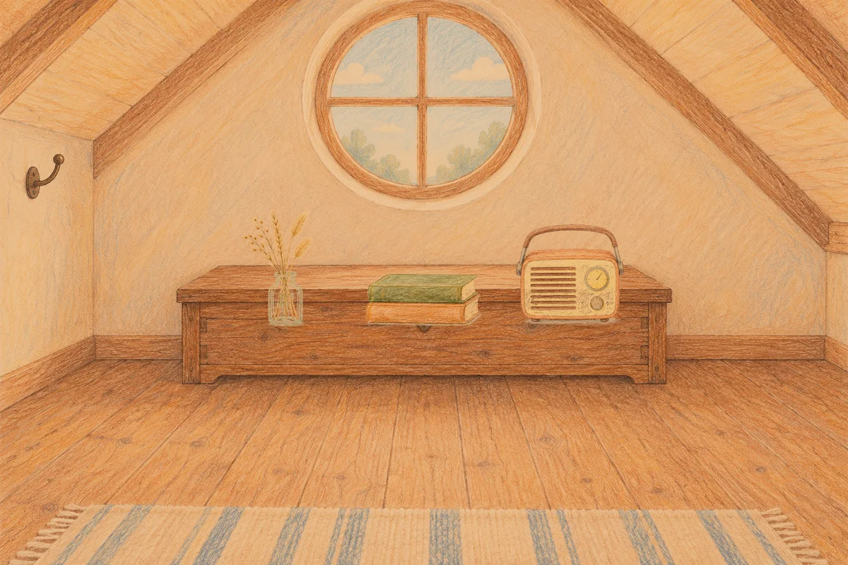 동두천 여성전용 스웨디시 가격 안내 그림, 저녁의 다락방 나무 궤짝 위에 놓인 마른 풀을 꽂은 항아리, 책 두 권, 작은 라디오