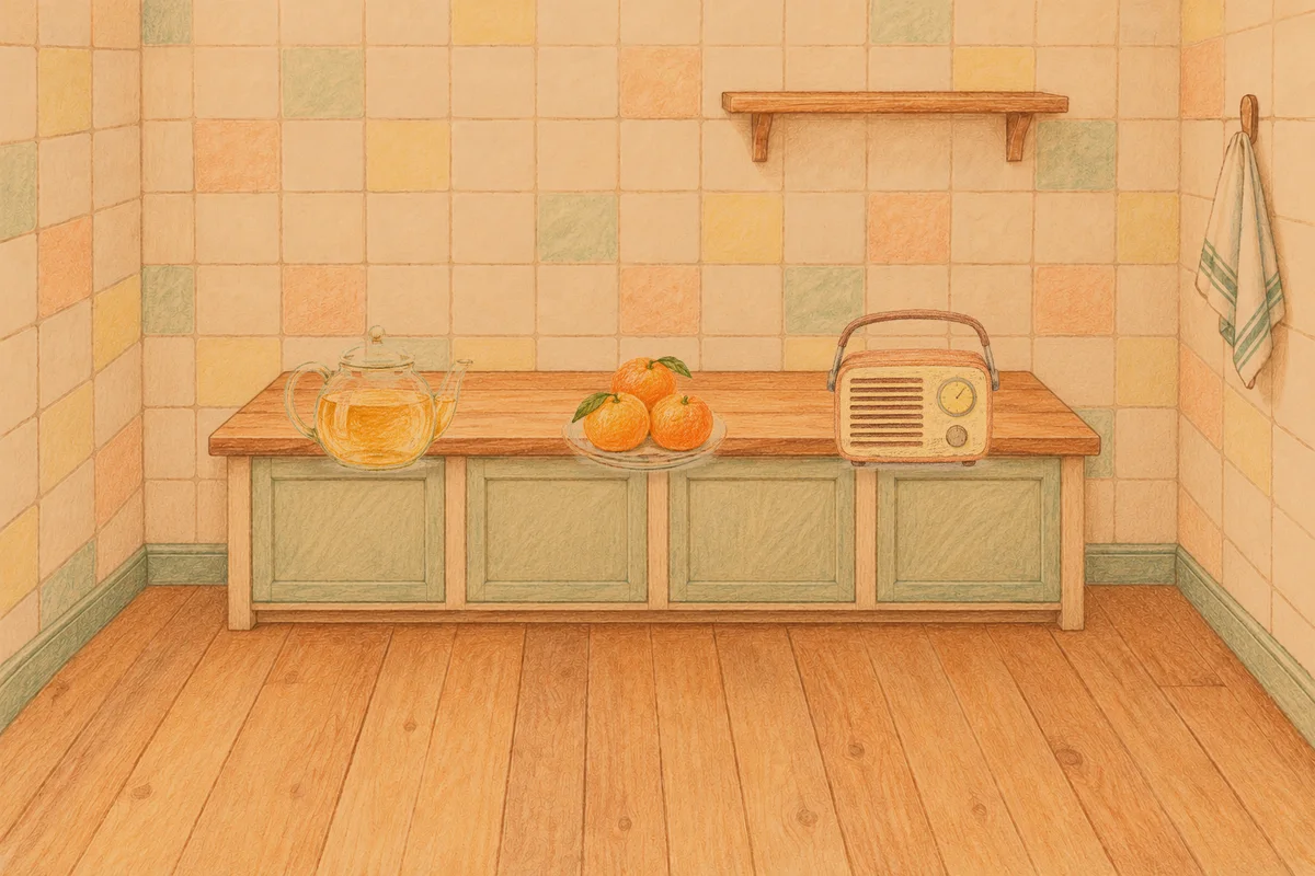동두천 여성전용 아로마 가격 안내 그림, 저녁의 부엌 나무 조리대 위에 놓인 유리 티포트, 귤이 담긴 접시, 작은 라디오