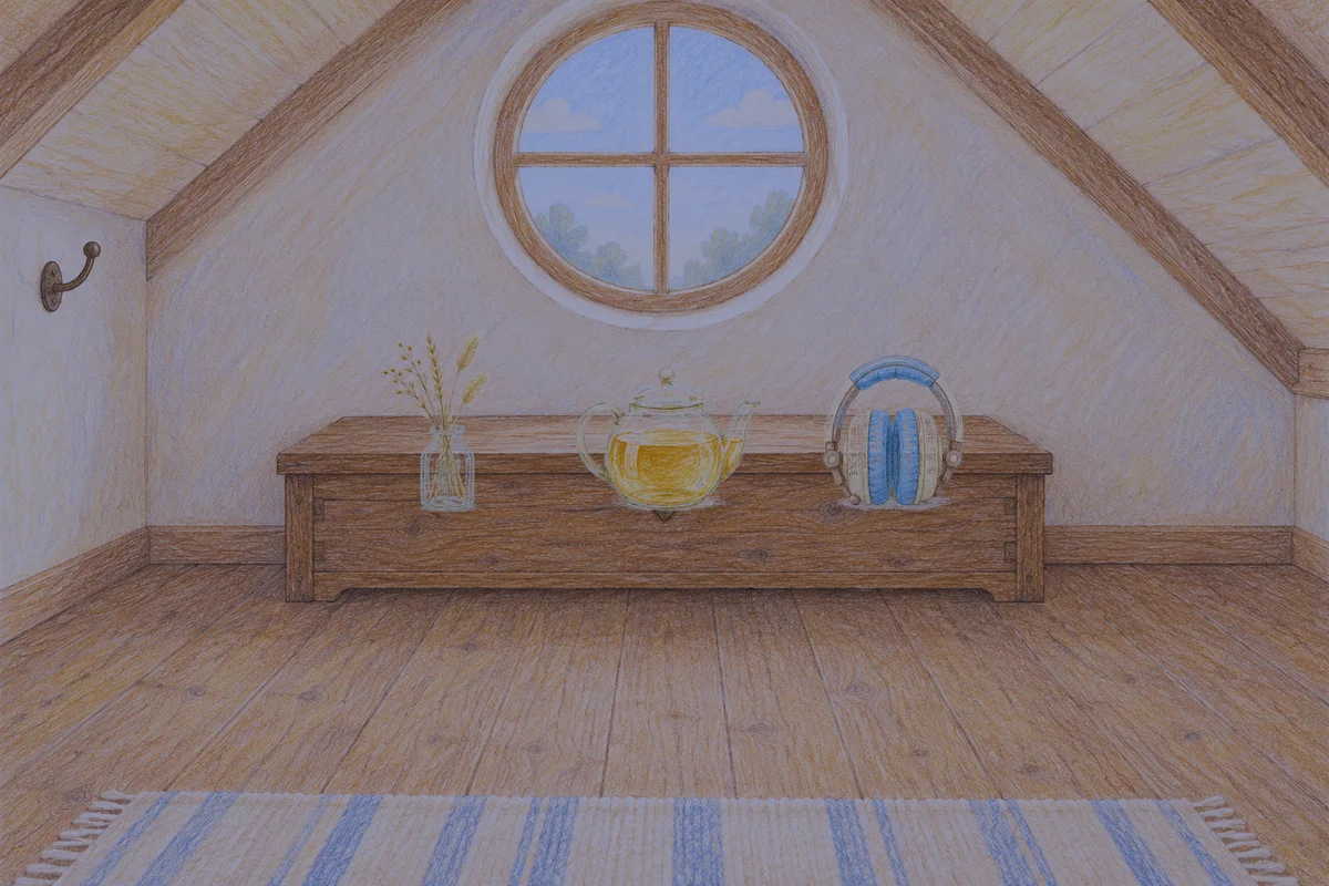 동두천 여성전용 경락 마사지 안내 그림, 밤의 다락방 나무 궤짝 위에 놓인 마른 풀을 꽂은 항아리, 유리 티포트, 헤드폰