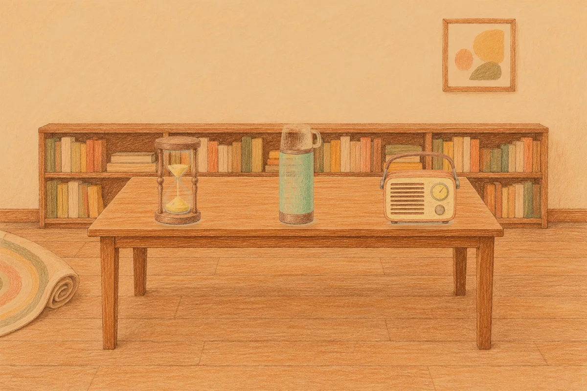 동두천 여성전용 얼굴 경락 안내 그림, 저녁의 서재 긴 책상 위에 놓인 모래시계, 보온병, 작은 라디오
