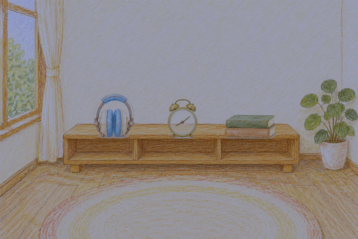 동두천 여성전용 경락 가격 안내 그림, 밤의 창가 낮은 선반 위에 놓인 헤드폰, 둥근 알람시계, 책 두 권