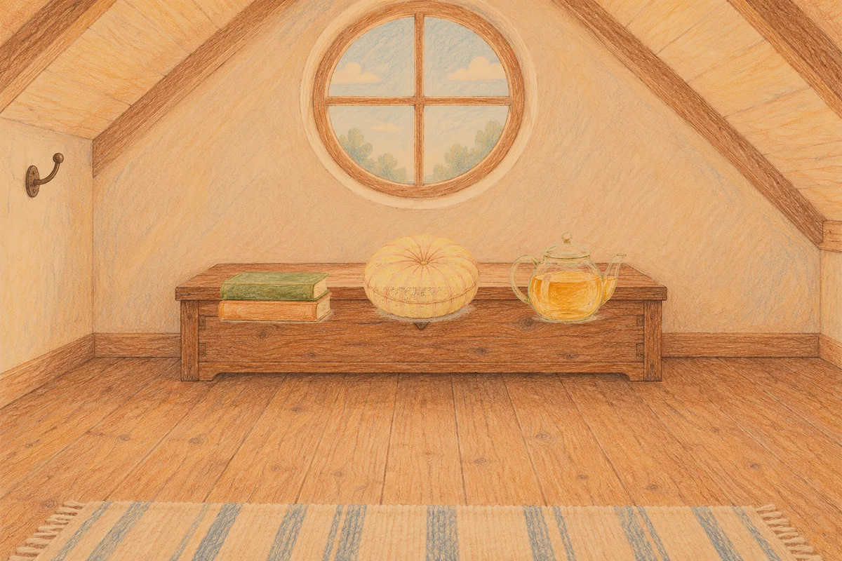 동두천 여성전용 경락 추천 안내 그림, 저녁의 다락방 나무 궤짝 위에 놓인 책 두 권, 둥근 쿠션, 유리 티포트