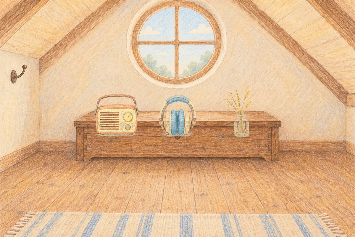 동두천 여성전용 발관리 추천 안내 그림, 낮의 다락방 나무 궤짝 위에 놓인 작은 라디오, 헤드폰, 마른 풀을 꽂은 항아리