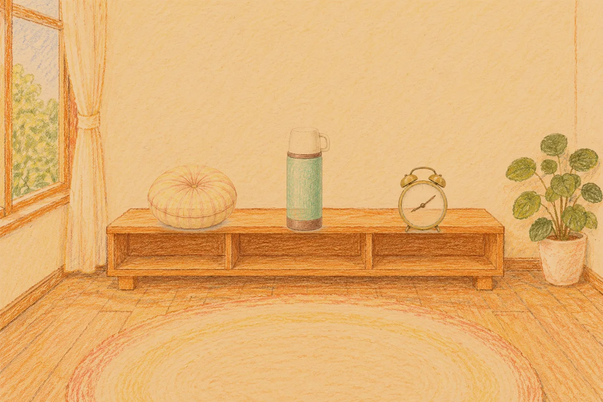 동두천 여성전용 부종 케어 안내 그림, 저녁의 창가 낮은 선반 위에 놓인 둥근 쿠션, 보온병, 둥근 알람시계