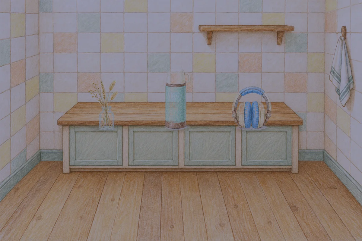 동두천 여성전용 슬리밍 마사지 안내 그림, 밤의 부엌 나무 조리대 위에 놓인 마른 풀을 꽂은 항아리, 보온병, 헤드폰