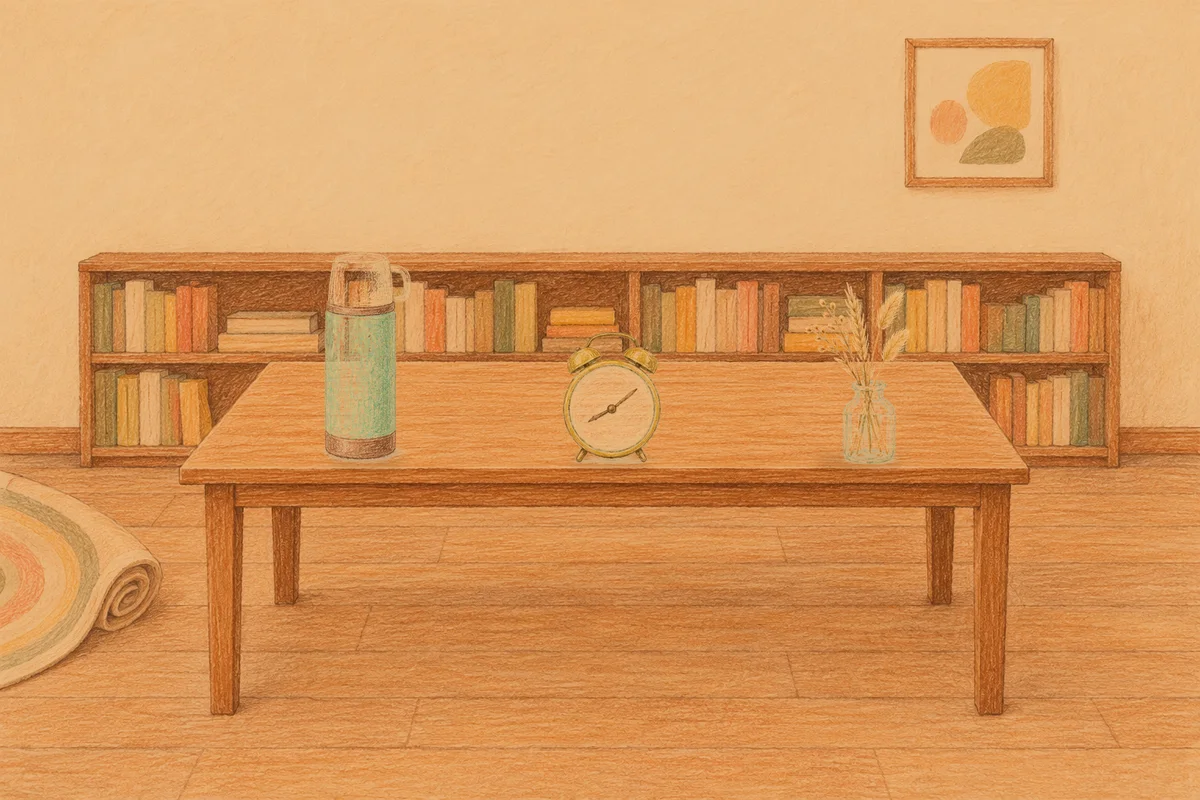 동두천 여성전용 다이어트 마사지 안내 그림, 저녁의 서재 긴 책상 위에 놓인 보온병, 둥근 알람시계, 마른 풀을 꽂은 항아리