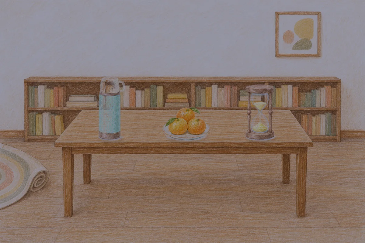 동두천 여성전용 복부 마사지 안내 그림, 밤의 서재 긴 책상 위에 놓인 보온병, 귤이 담긴 접시, 모래시계