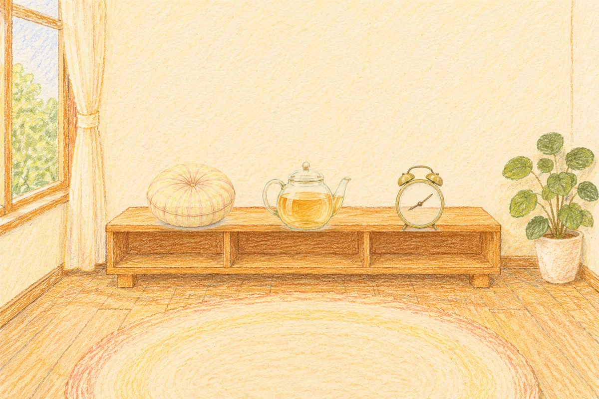 동두천 여성전용 등 마사지 안내 그림, 낮의 창가 낮은 선반 위에 놓인 둥근 쿠션, 유리 티포트, 둥근 알람시계