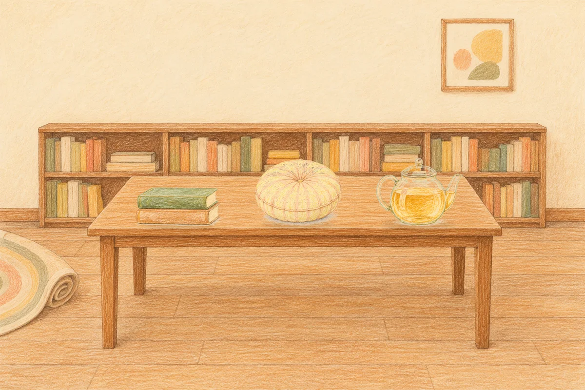 동두천 여성전용 두피 케어 안내 그림, 낮의 서재 긴 책상 위에 놓인 책 두 권, 둥근 쿠션, 유리 티포트