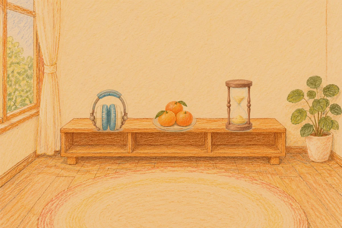동두천 여성전용 두통 완화 마사지 안내 그림, 저녁의 창가 낮은 선반 위에 놓인 헤드폰, 귤이 담긴 접시, 모래시계