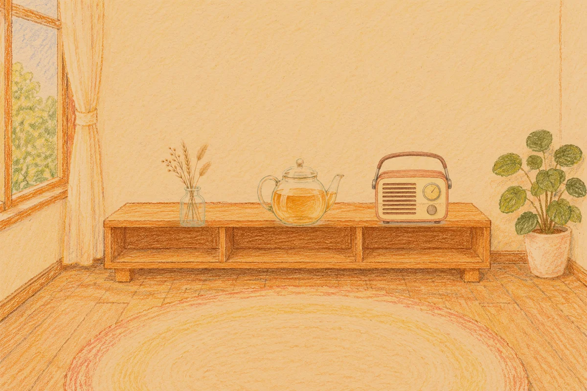 동두천 여성전용 후기 마사지 안내 그림, 저녁의 창가 낮은 선반 위에 놓인 마른 풀을 꽂은 항아리, 유리 티포트, 작은 라디오