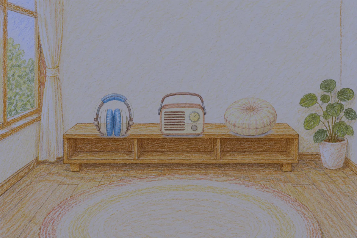 과천 여성전용 아로마 마사지 안내 그림, 밤의 창가 낮은 선반 위에 놓인 헤드폰, 작은 라디오, 둥근 쿠션