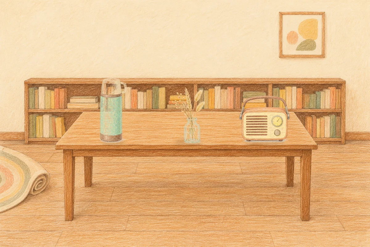 과천 여성전용 라벤더 아로마 안내 그림, 낮의 서재 긴 책상 위에 놓인 보온병, 마른 풀을 꽂은 항아리, 작은 라디오