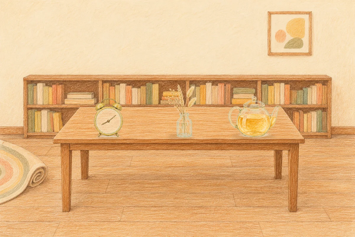 과천 여성전용 스웨디시 후기 안내 그림, 낮의 서재 긴 책상 위에 놓인 둥근 알람시계, 마른 풀을 꽂은 항아리, 유리 티포트