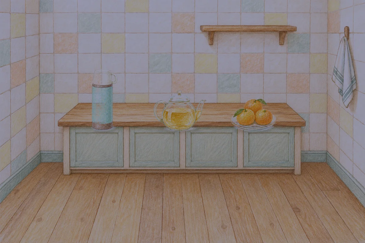 과천 여성전용 아로마 마사지 후기 안내 그림, 밤의 부엌 나무 조리대 위에 놓인 보온병, 유리 티포트, 귤이 담긴 접시