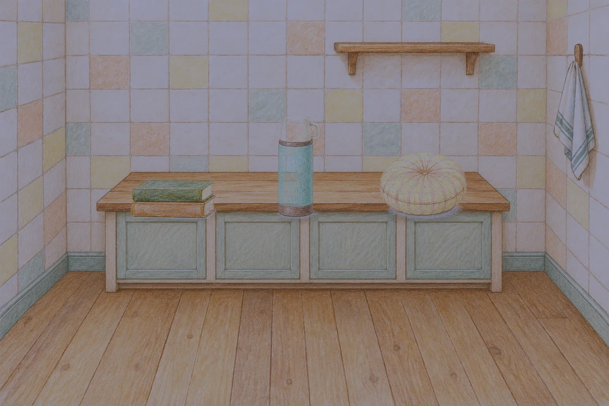 과천 여성전용 스웨디시 추천 안내 그림, 밤의 부엌 나무 조리대 위에 놓인 책 두 권, 보온병, 둥근 쿠션