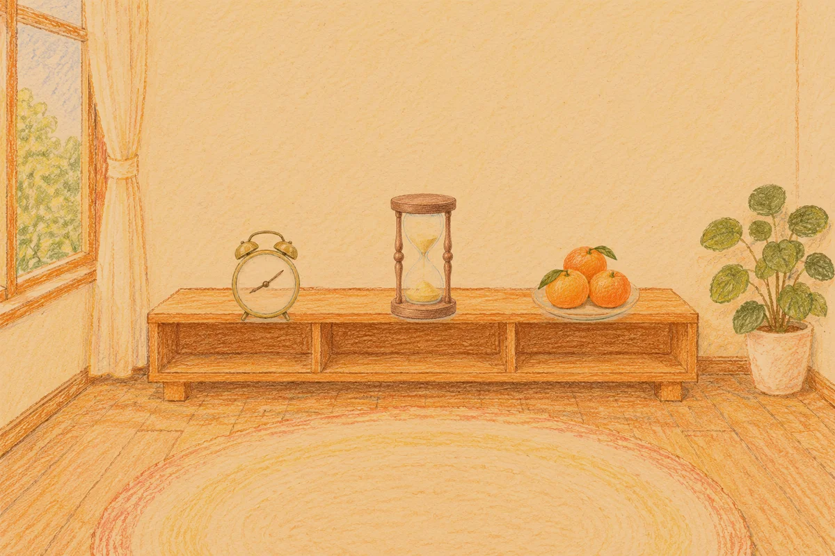 과천 여성전용 아로마 추천 안내 그림, 저녁의 창가 낮은 선반 위에 놓인 둥근 알람시계, 모래시계, 귤이 담긴 접시