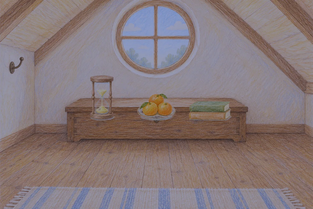 과천 여성전용 경락마사지 안내 그림, 밤의 다락방 나무 궤짝 위에 놓인 모래시계, 귤이 담긴 접시, 책 두 권