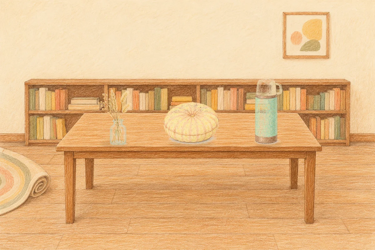 과천 여성전용 경락 마사지 안내 그림, 낮의 서재 긴 책상 위에 놓인 마른 풀을 꽂은 항아리, 둥근 쿠션, 보온병