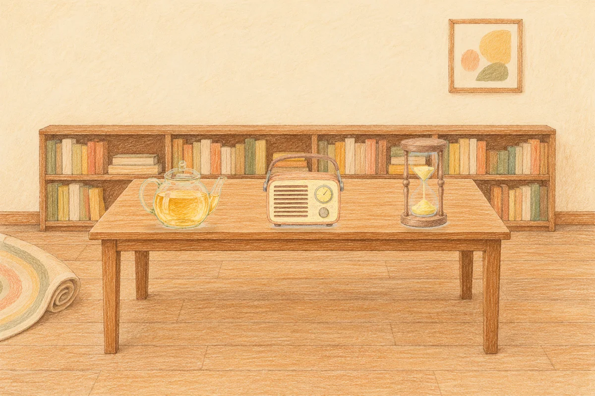 과천 여성전용 얼굴 경락 안내 그림, 낮의 서재 긴 책상 위에 놓인 유리 티포트, 작은 라디오, 모래시계