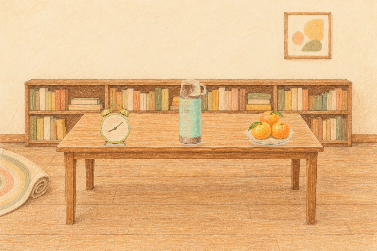 과천 여성전용 바디 경락 안내 그림, 낮의 서재 긴 책상 위에 놓인 둥근 알람시계, 보온병, 귤이 담긴 접시